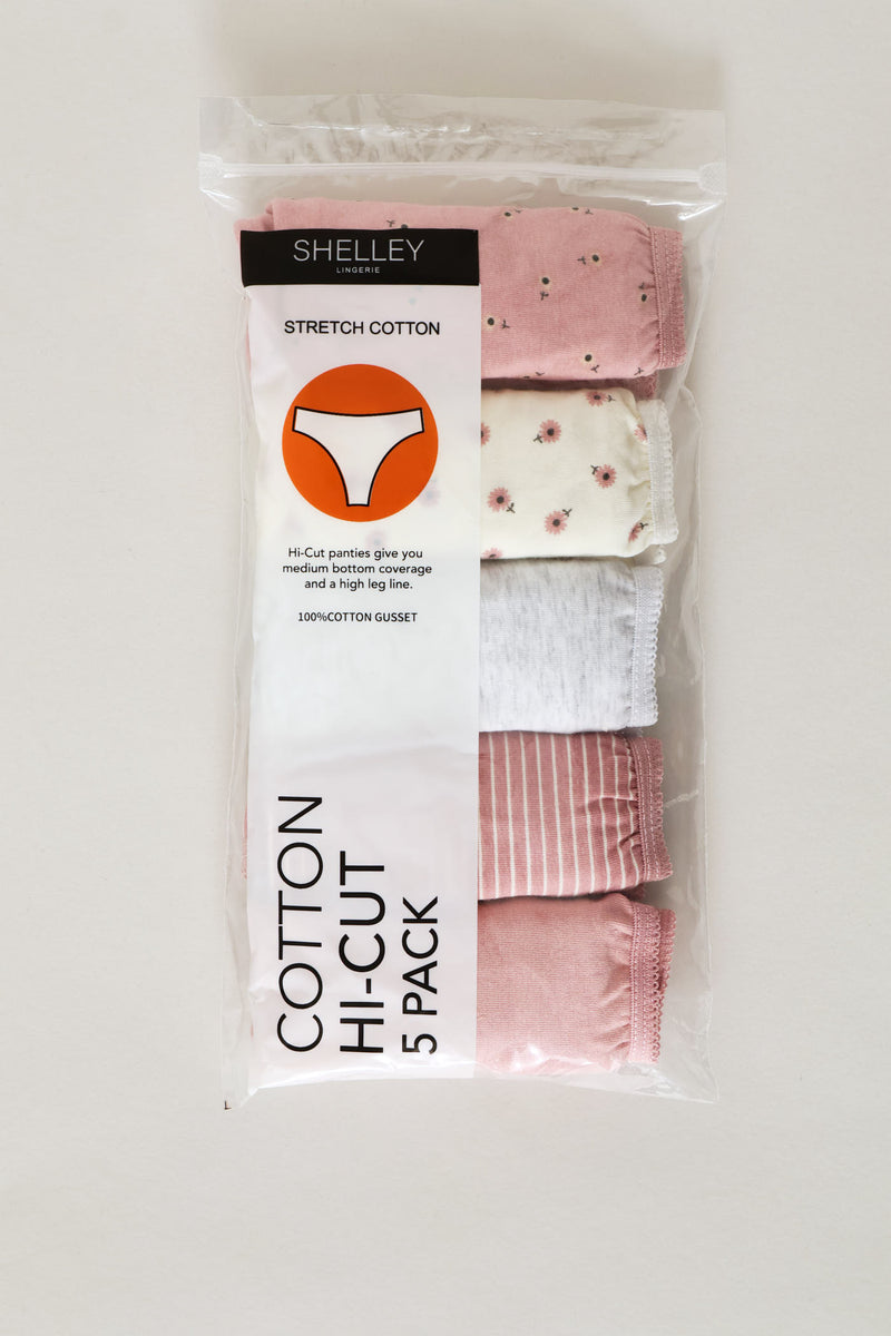 5 Pack Hi-Cut Cottage Floral Panties - Pink