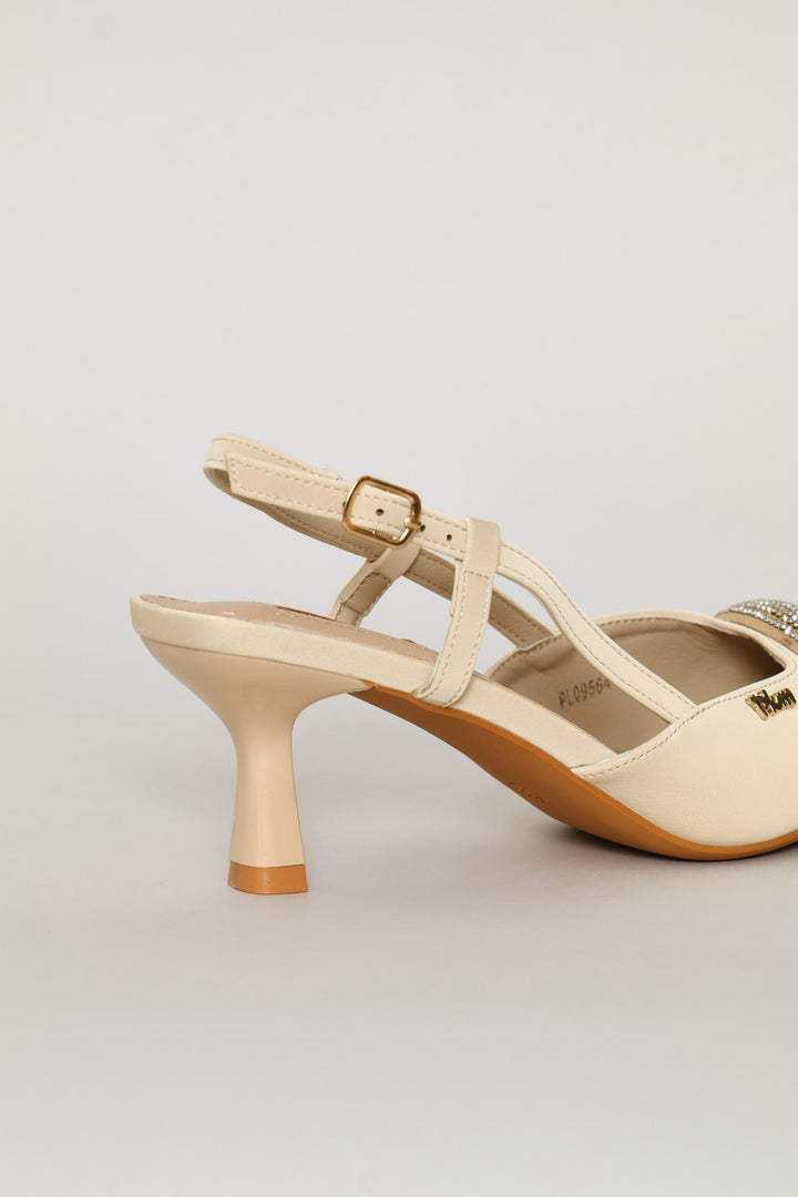 Jewel Detail Slingback Heel - Off White