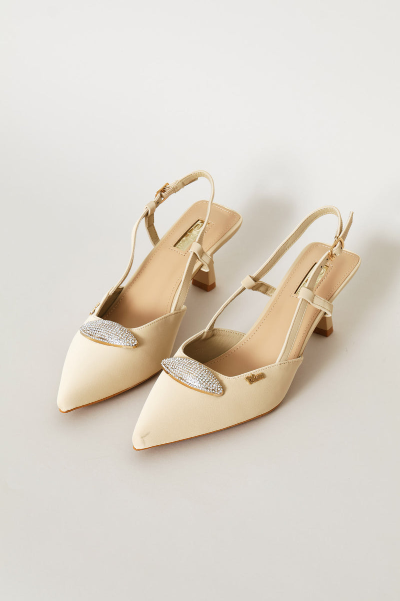 Jewel Detail Slingback Heel - Off White