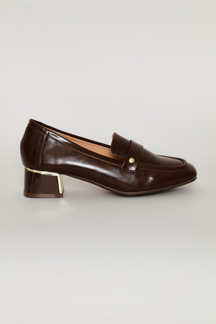 Patent Block Heel Loafer - Chocolate