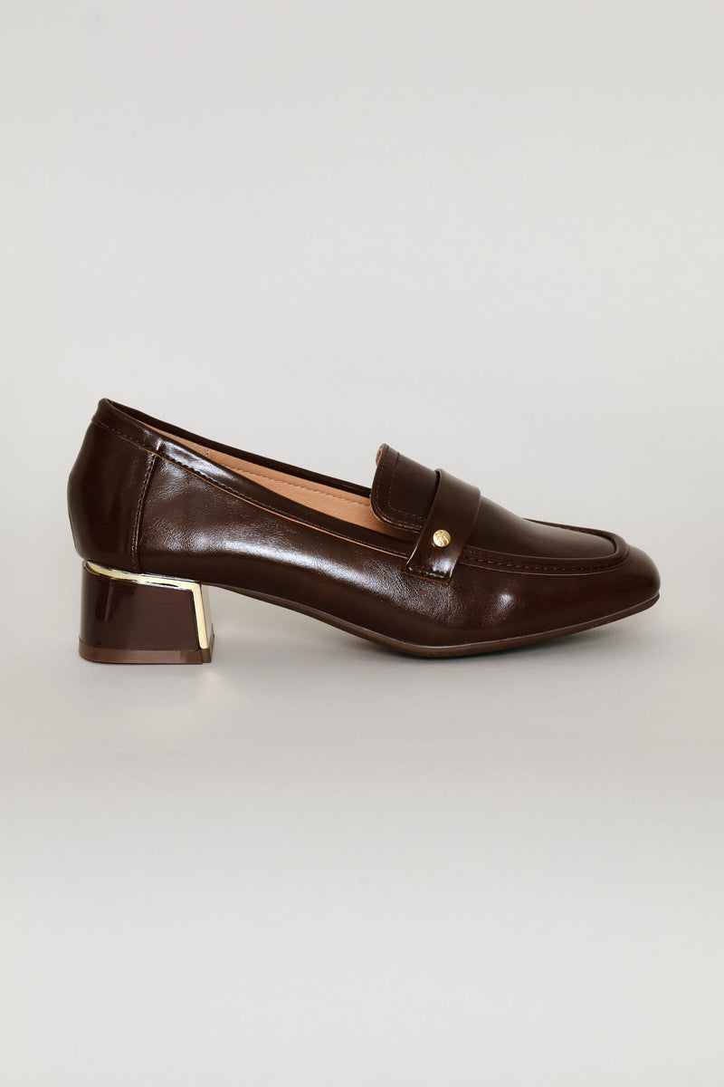 Patent Block Heel Loafer - Chocolate