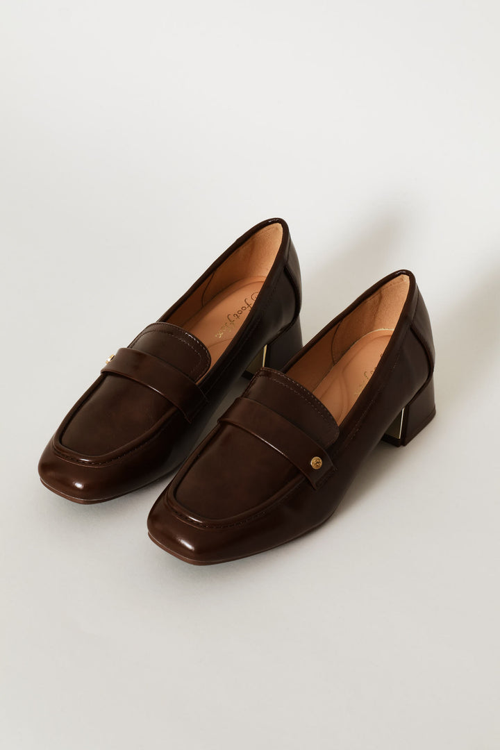 Patent Block Heel Loafer - Chocolate