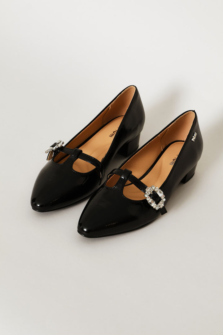 Diamante Buckle Heeled Pump - Black