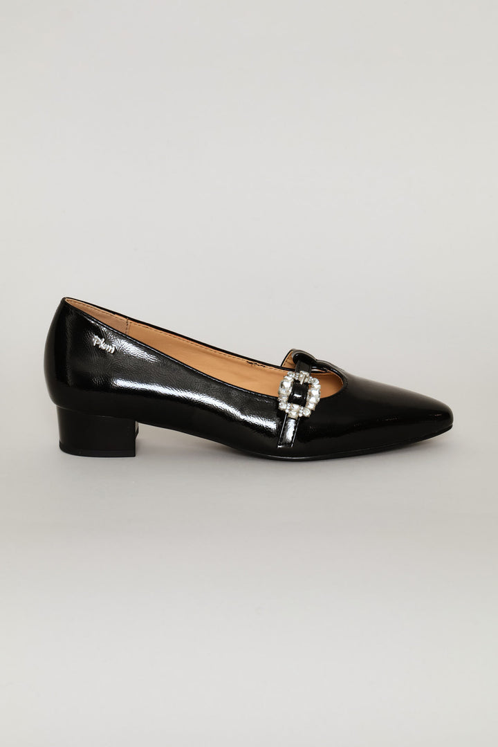 Diamante Buckle Heeled Pump - Black