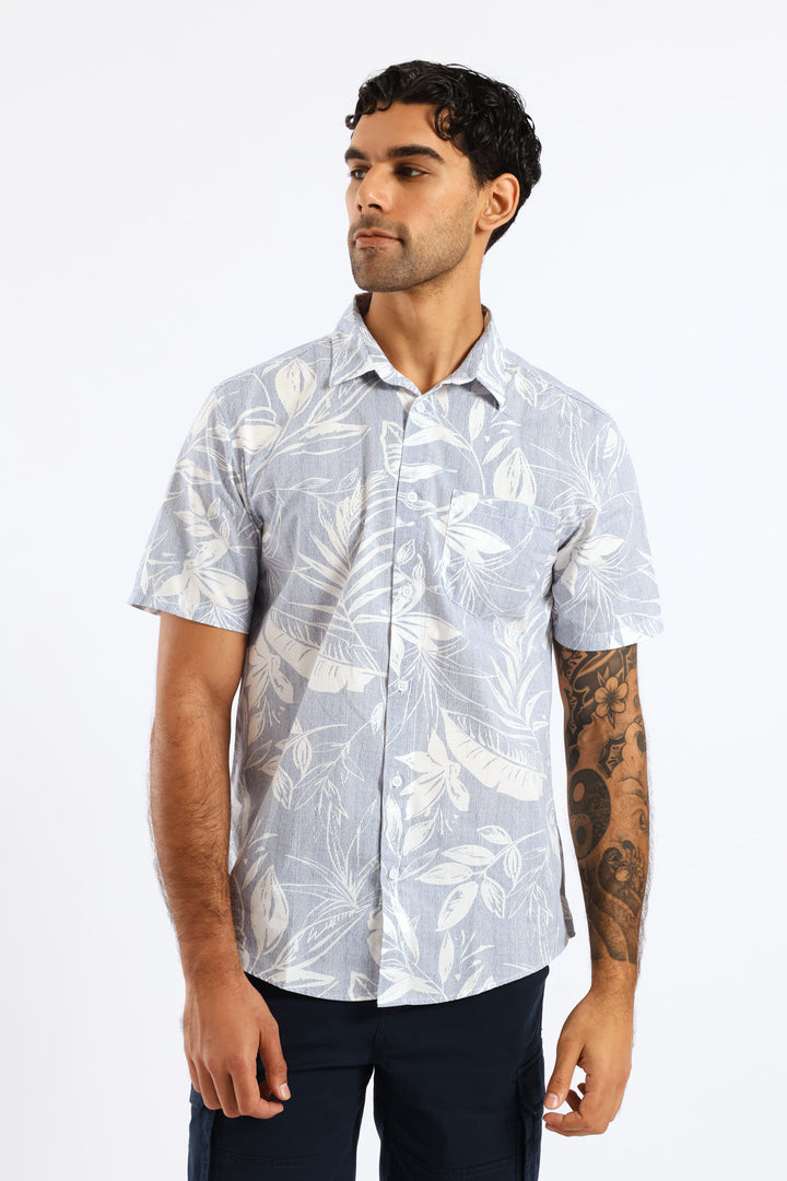 Tropical Leaf Resort Shirt - Light Blue
