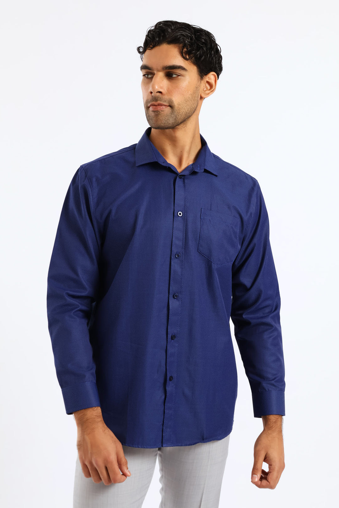 Spot Textured Long Sleeve Shirt - Dark Blue