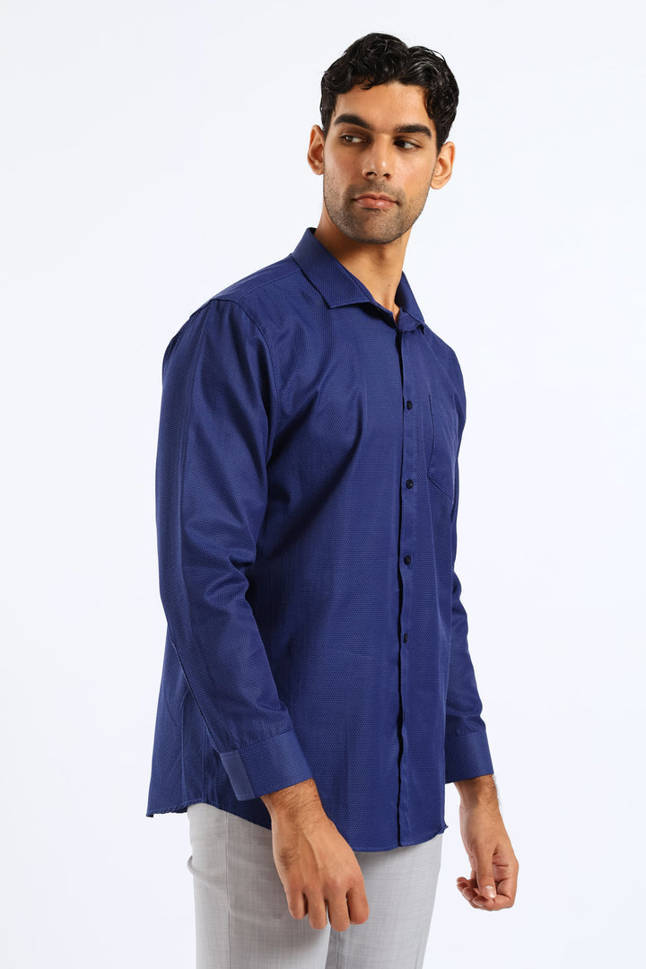 Spot Textured Long Sleeve Shirt - Dark Blue
