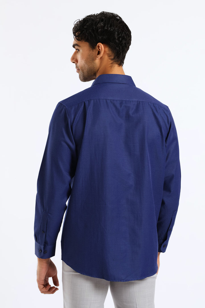 Spot Textured Long Sleeve Shirt - Dark Blue
