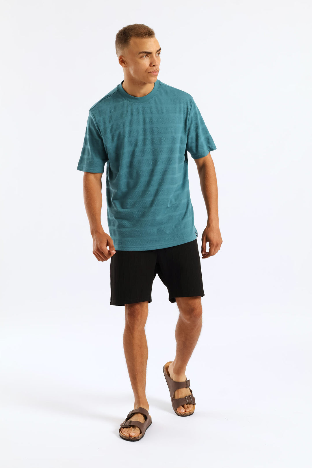 Basic Stripe Waffle Tee - Teal