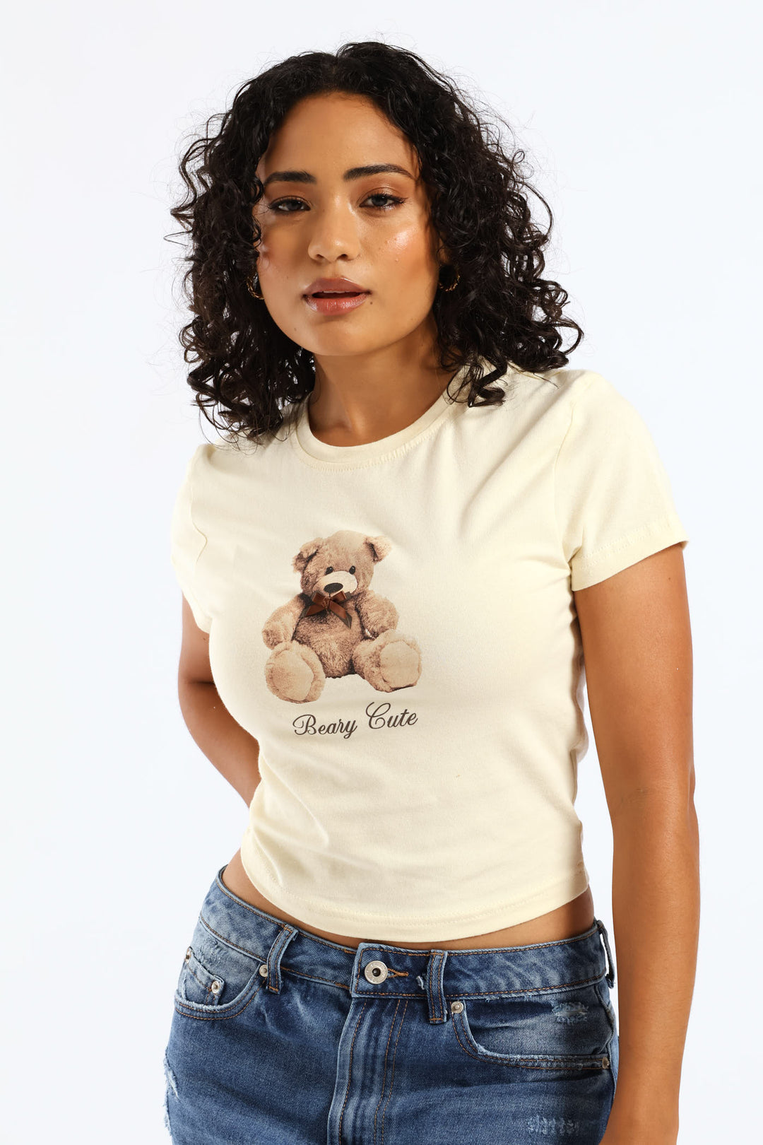 Teddy Bow Baby Tee - Light Yellow