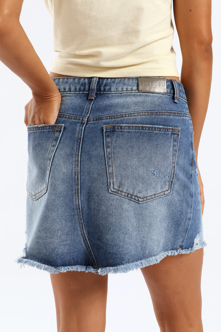 Abraised Raw Hem Denim Mini Skirt - Salty Dark Wash