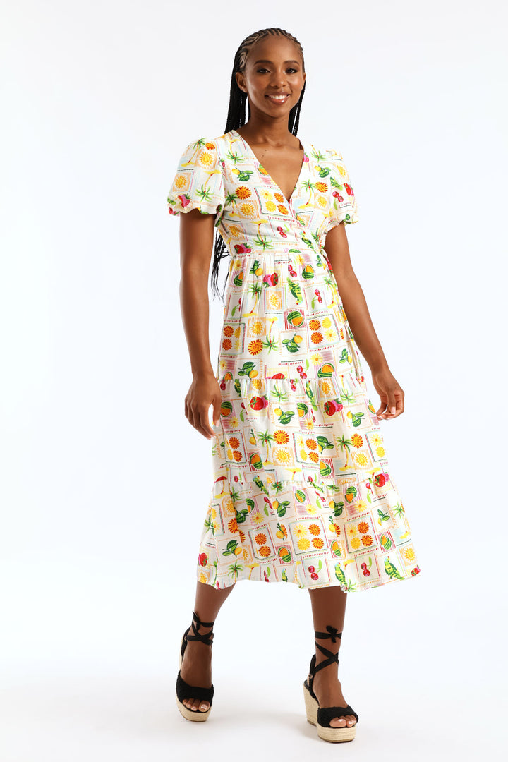 Bubble Sleeve Tiered Wrap Midi Dress - Multi