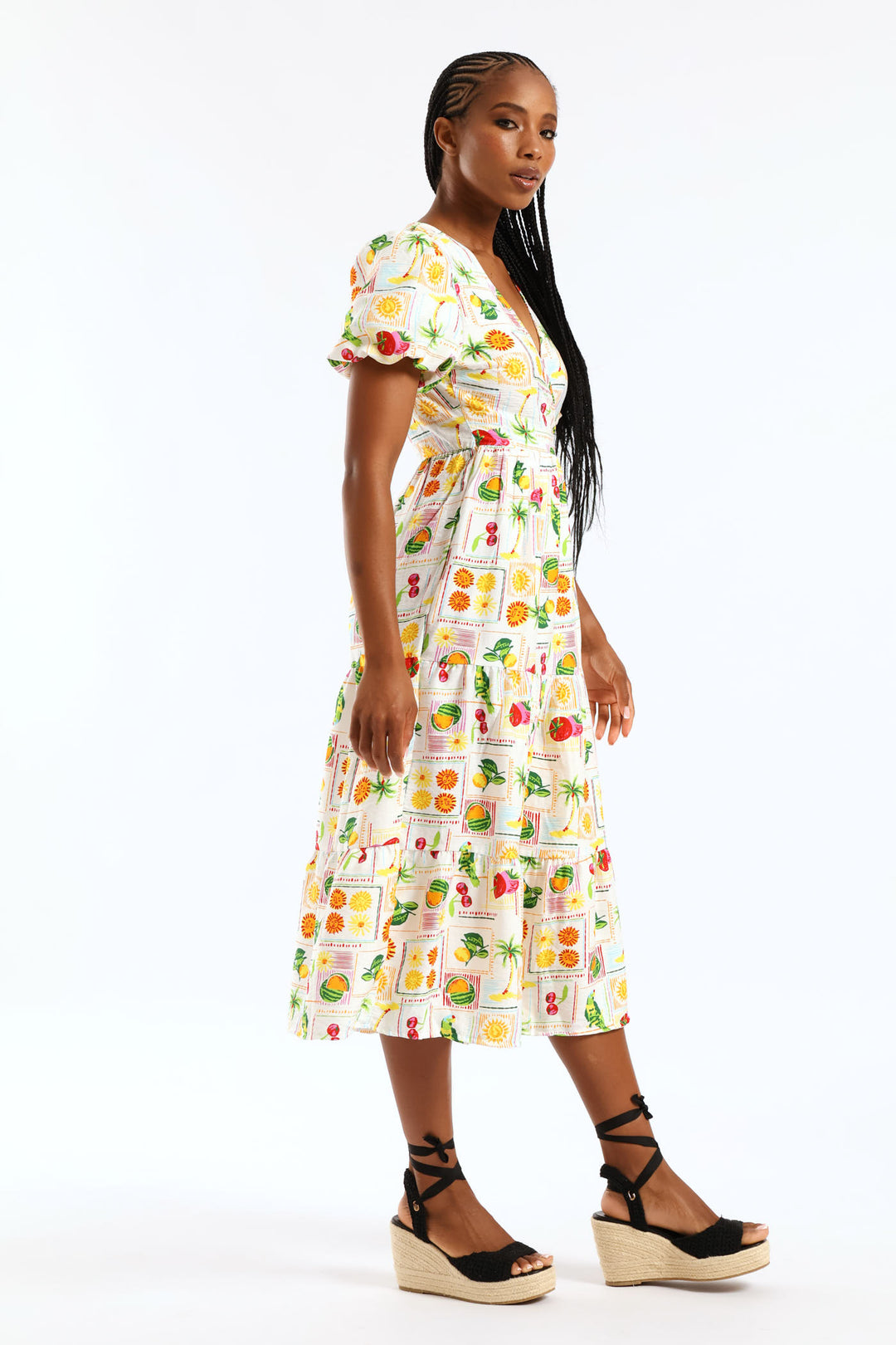 Bubble Sleeve Tiered Wrap Midi Dress - Multi
