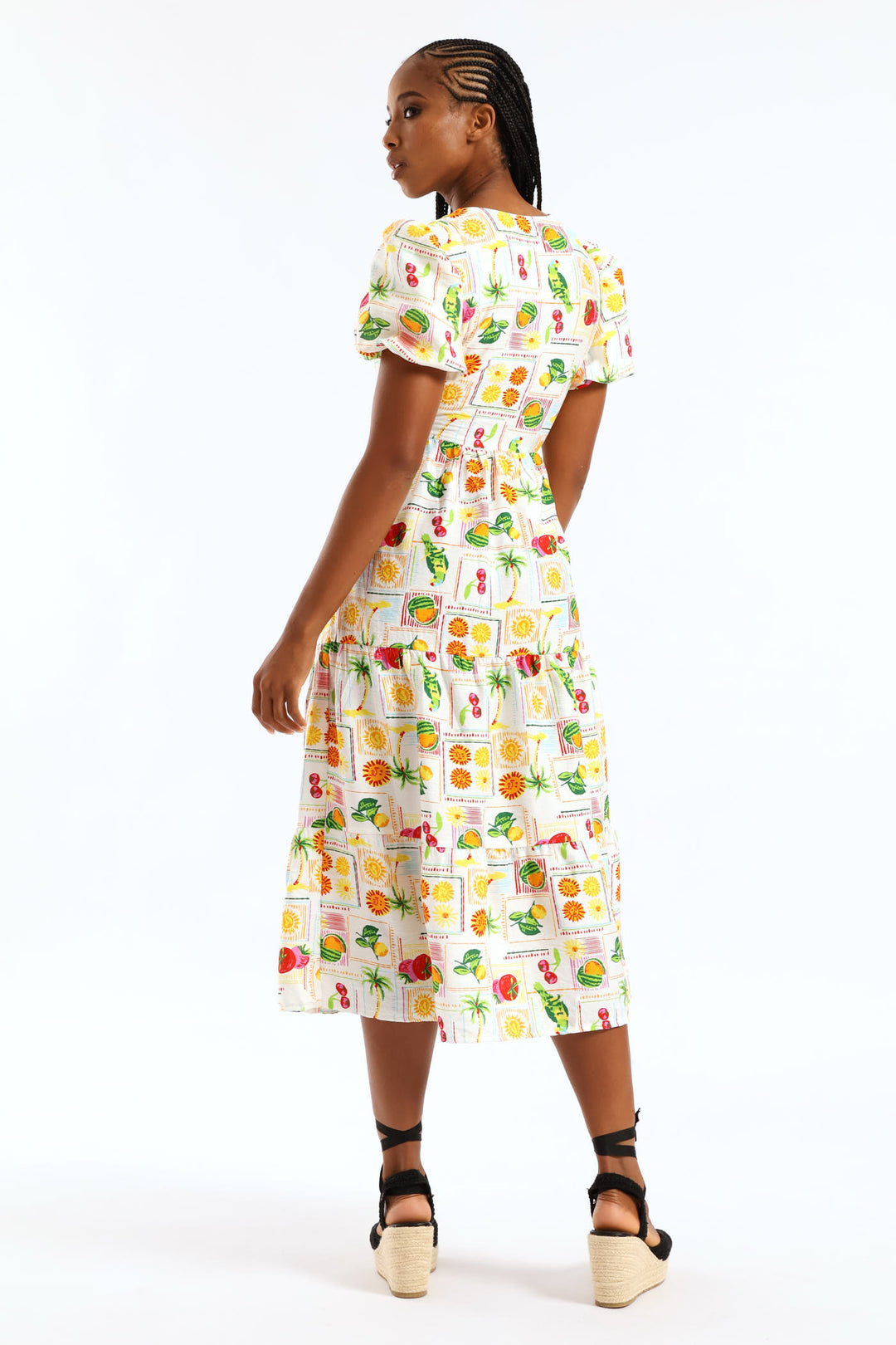 Bubble Sleeve Tiered Wrap Midi Dress - Multi