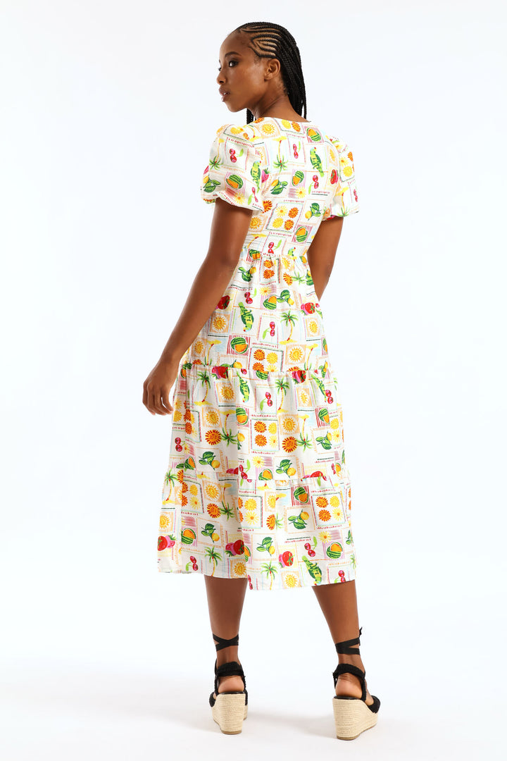 Bubble Sleeve Tiered Wrap Midi Dress - Multi