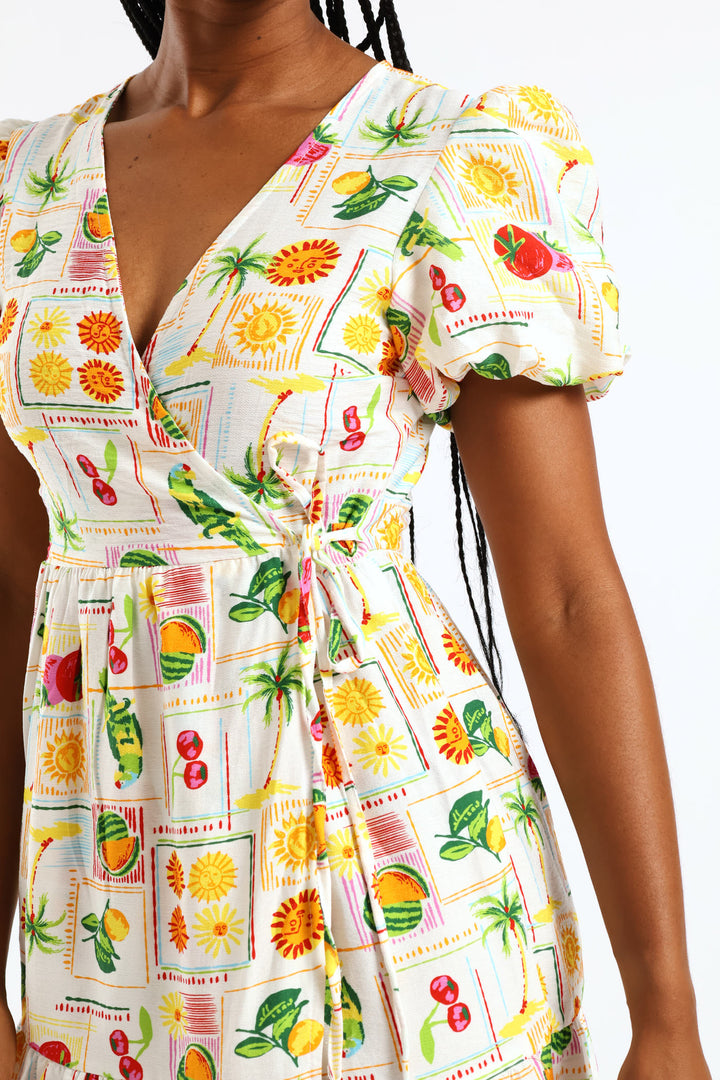 Bubble Sleeve Tiered Wrap Midi Dress - Multi