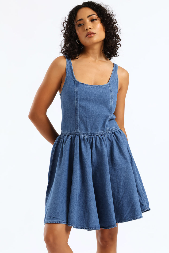 Denim Fit & Flare Dress - Mid Blue