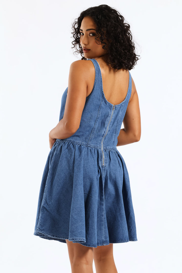 Denim Fit & Flare Dress - Mid Blue