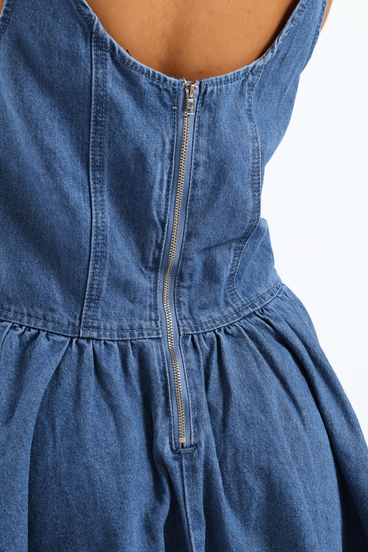 Denim Fit & Flare Dress - Mid Blue