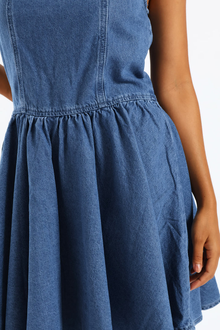 Denim Fit & Flare Dress - Mid Blue