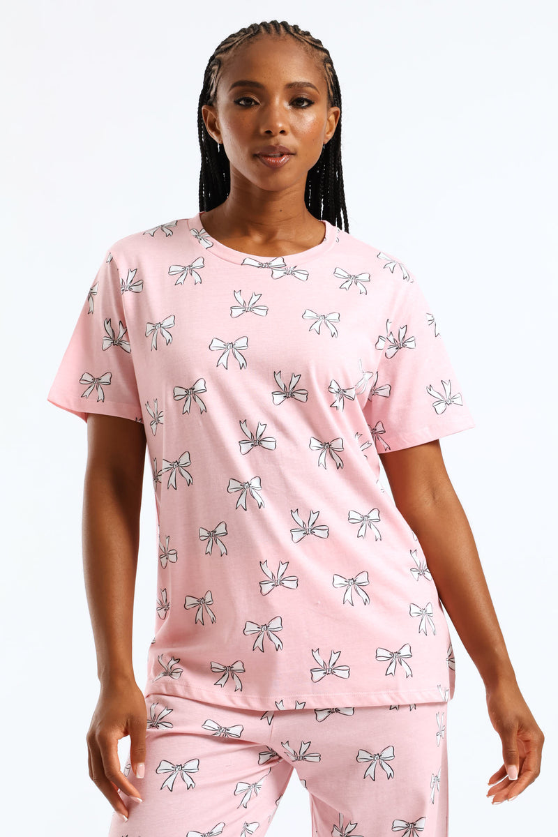 Short Sleeve Bows Tee - Pink