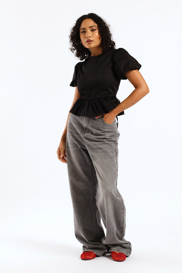 Cropped Peplum Woven Top - Black