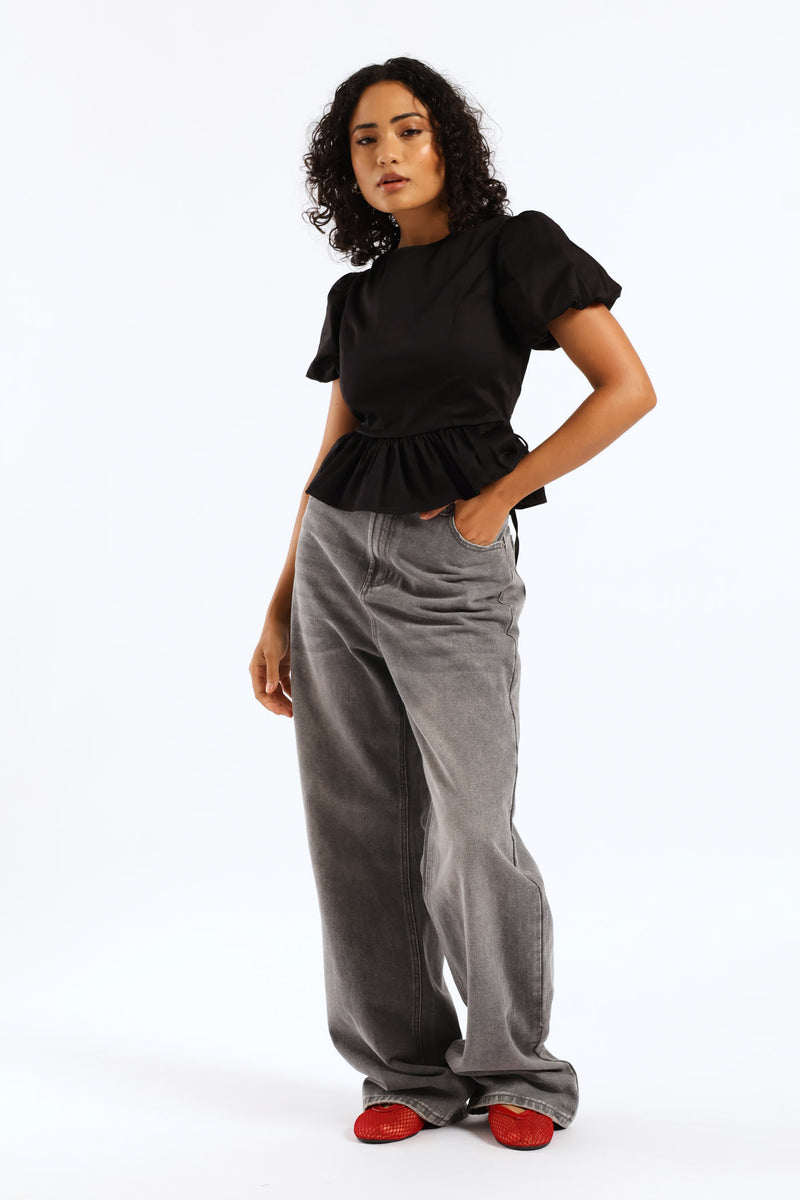 Cropped Peplum Woven Top - Black