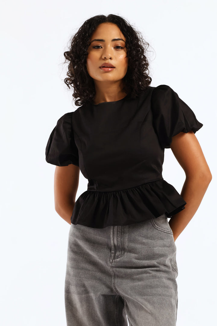 Cropped Peplum Woven Top - Black