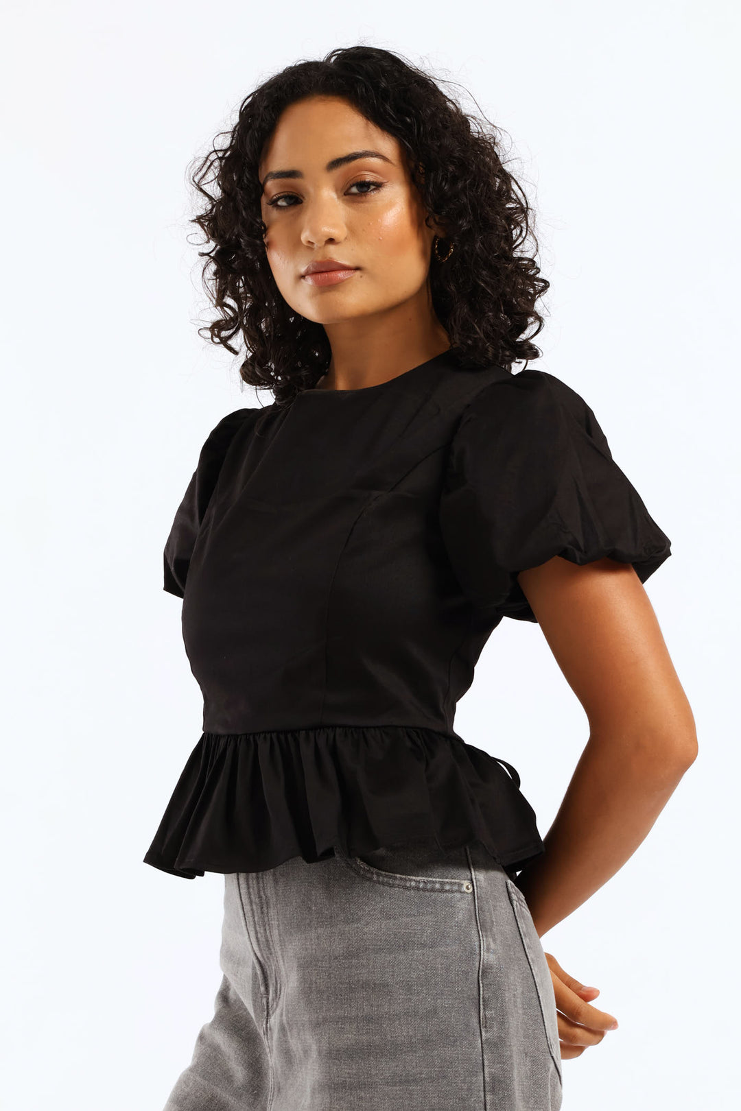Cropped Peplum Woven Top - Black