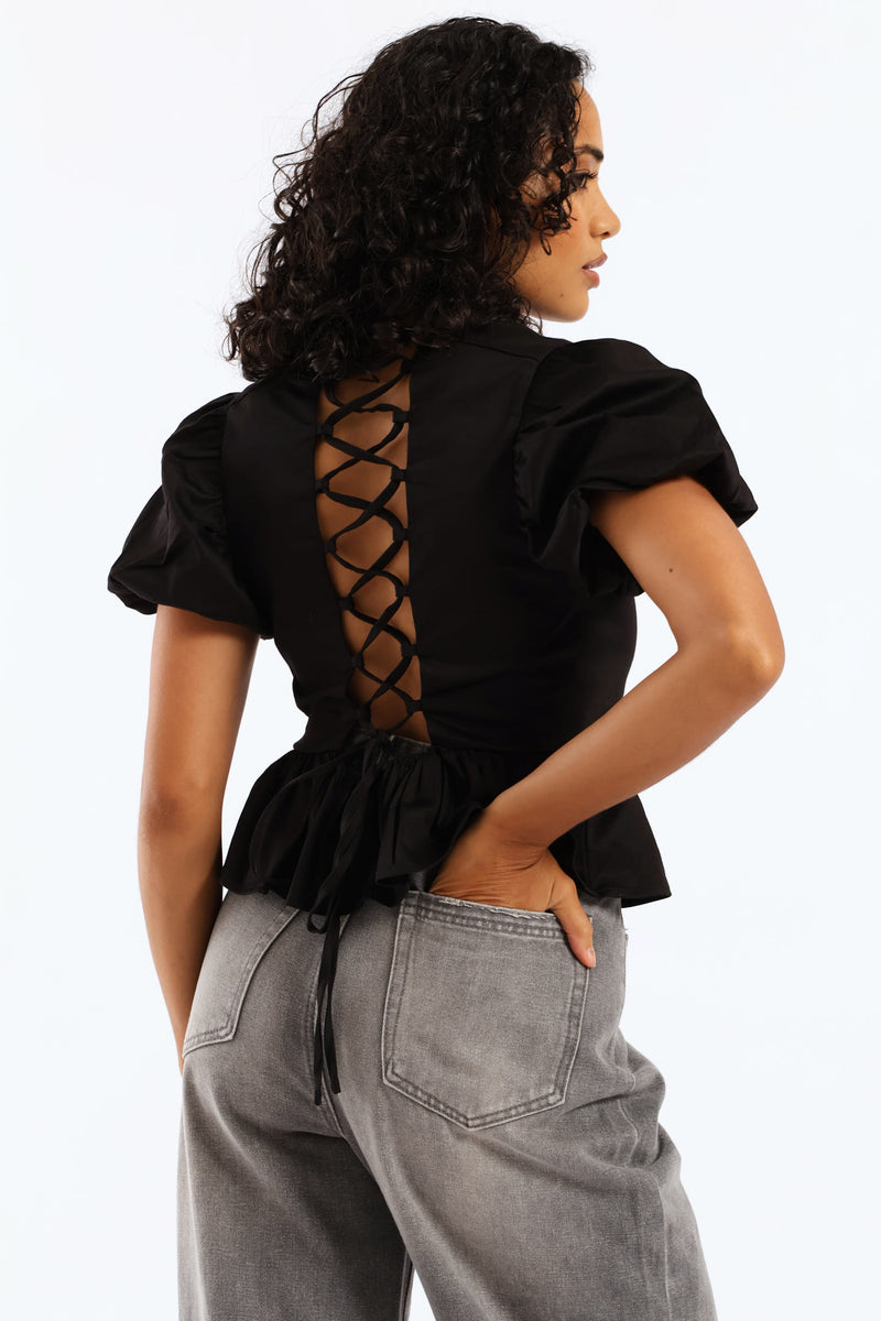 Cropped Peplum Woven Top - Black