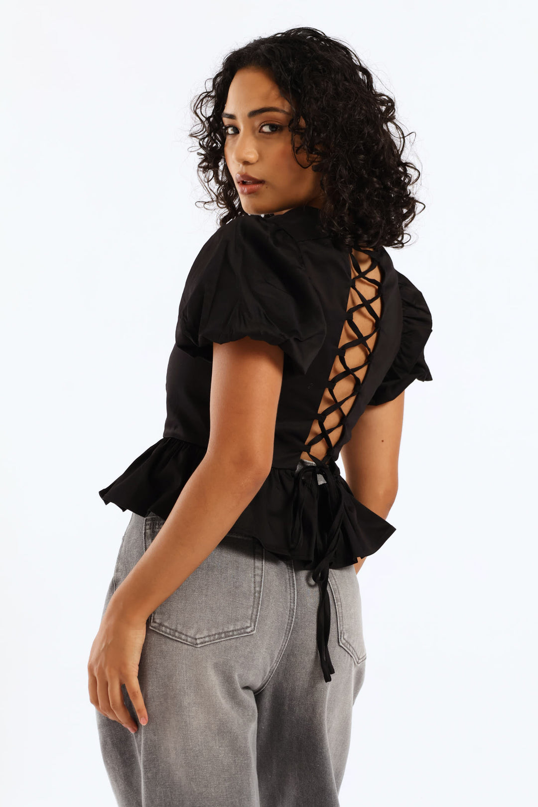 Cropped Peplum Woven Top - Black