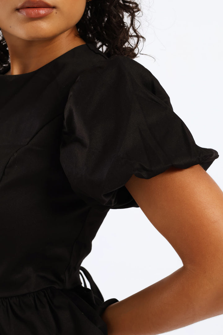 Cropped Peplum Woven Top - Black