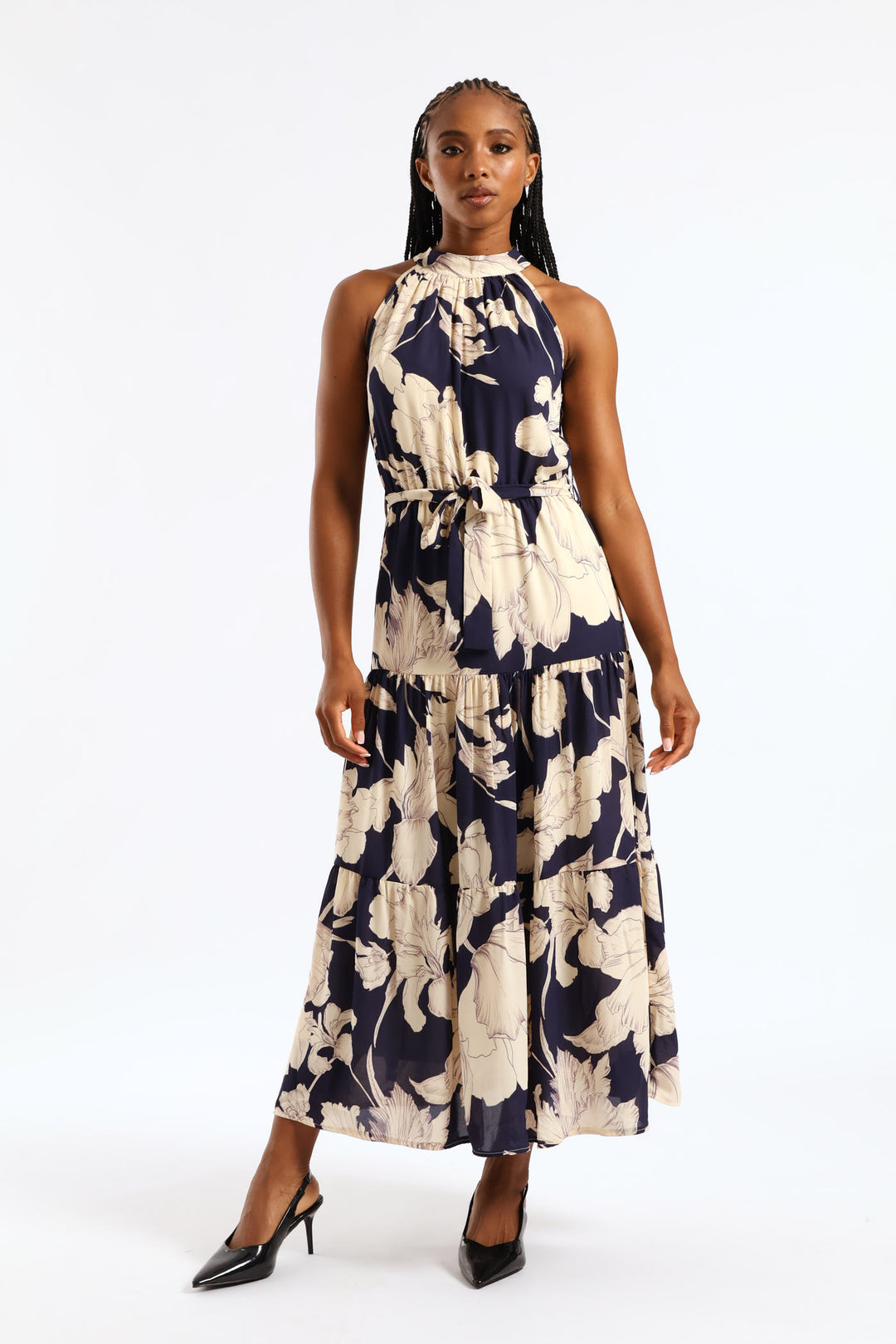 Halter Neck Tiered Maxi Dress - Navy