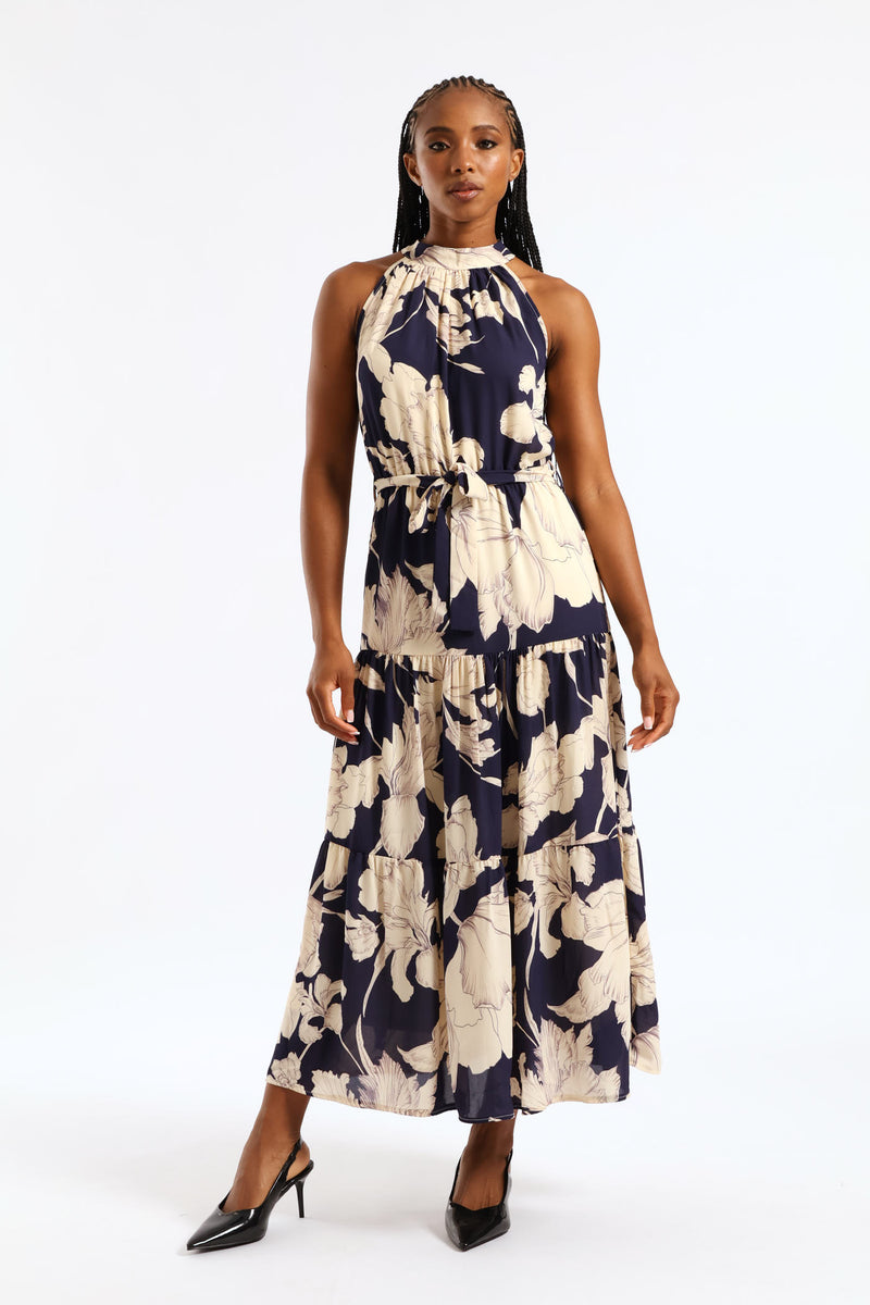 Halter Neck Tiered Maxi Dress - Navy