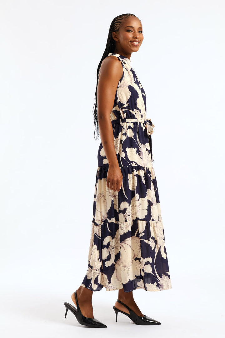 Halter Neck Tiered Maxi Dress - Navy