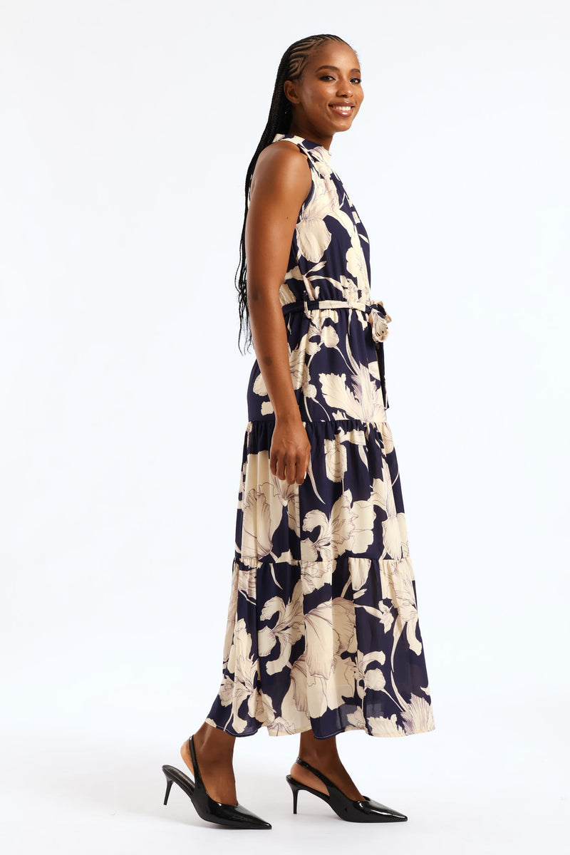 Halter Neck Tiered Maxi Dress - Navy