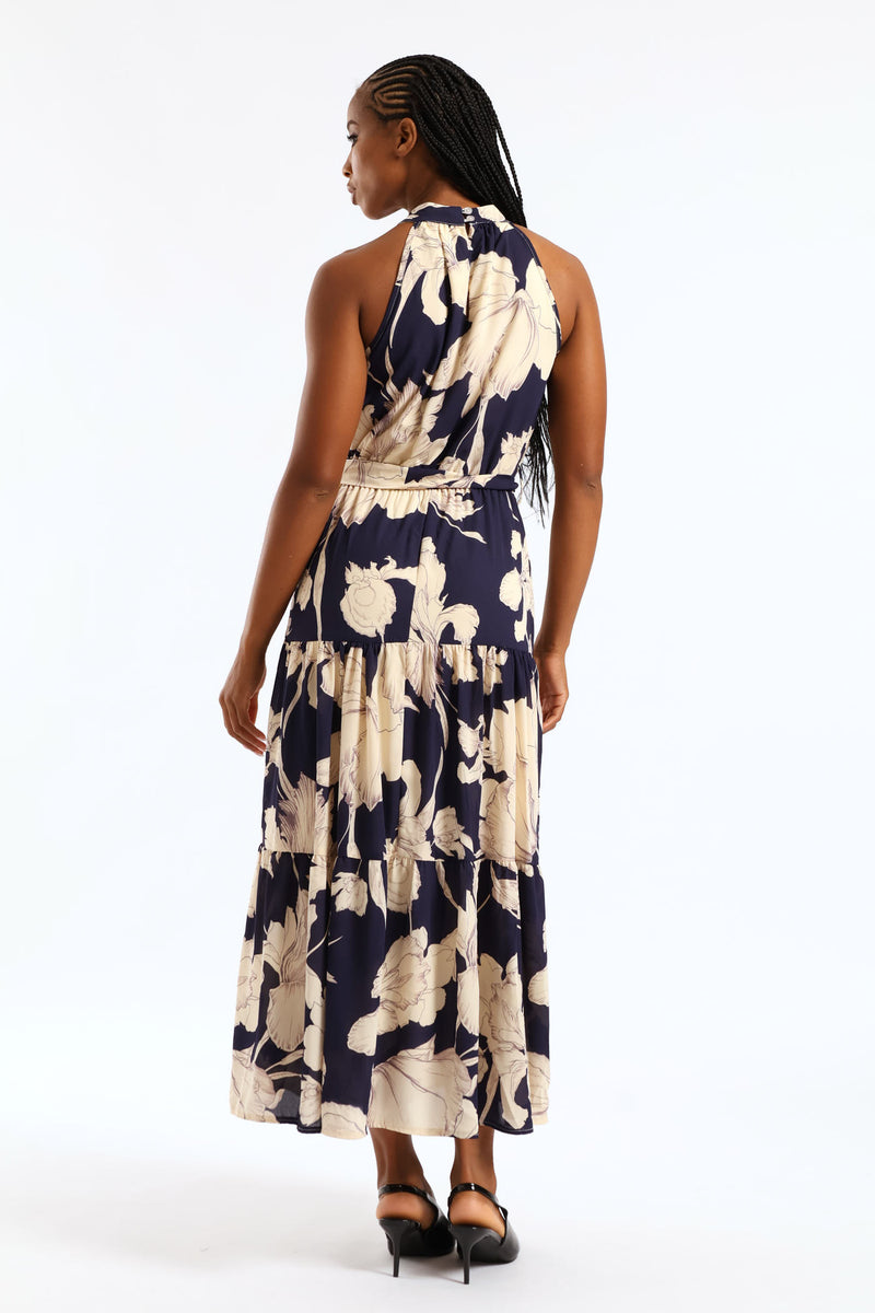 Halter Neck Tiered Maxi Dress - Navy