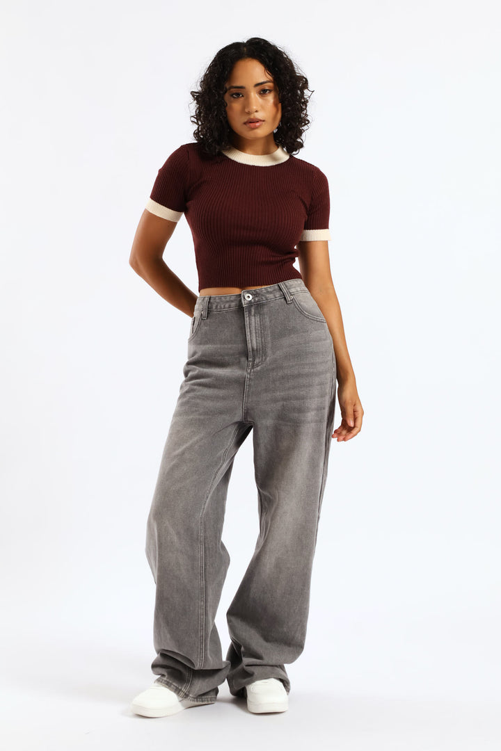 Short Sleeve Cropped Sweater Top - Merlot