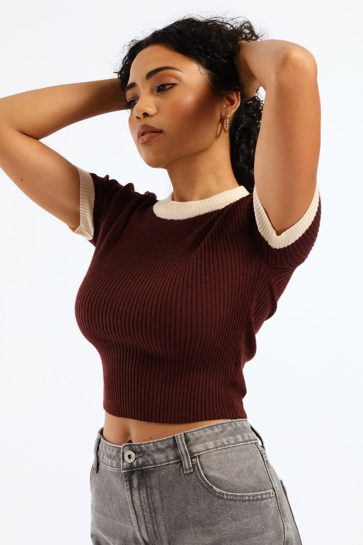 Short Sleeve Cropped Sweater Top - Merlot