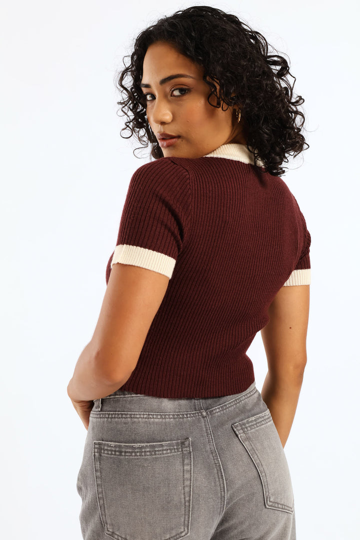 Short Sleeve Cropped Sweater Top - Merlot