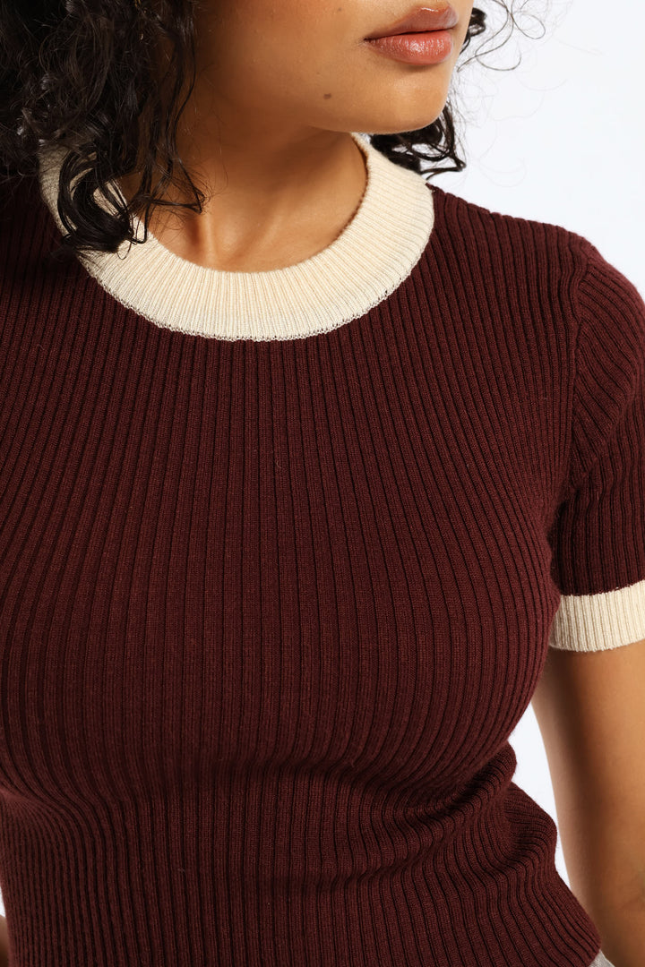 Short Sleeve Cropped Sweater Top - Merlot