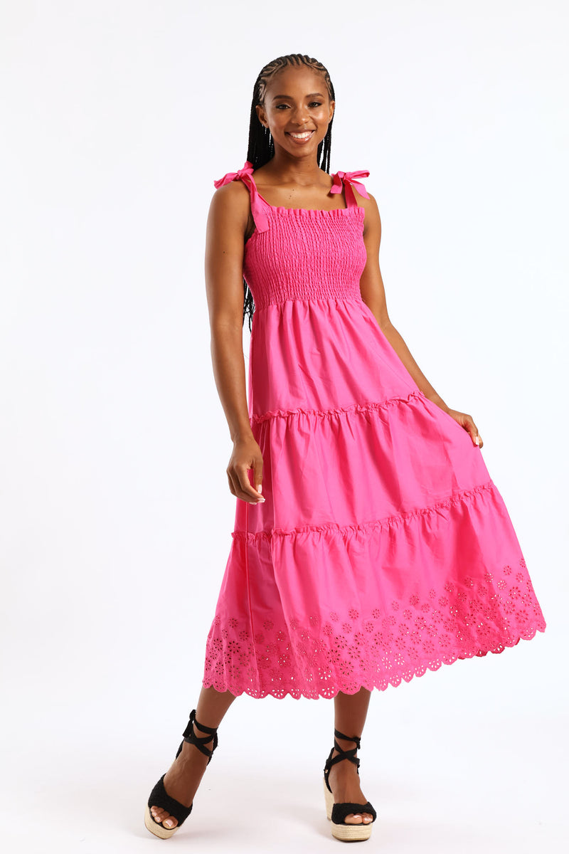 Tie-Strap Shirred Anglaise Tiered Midi Dress - Pink