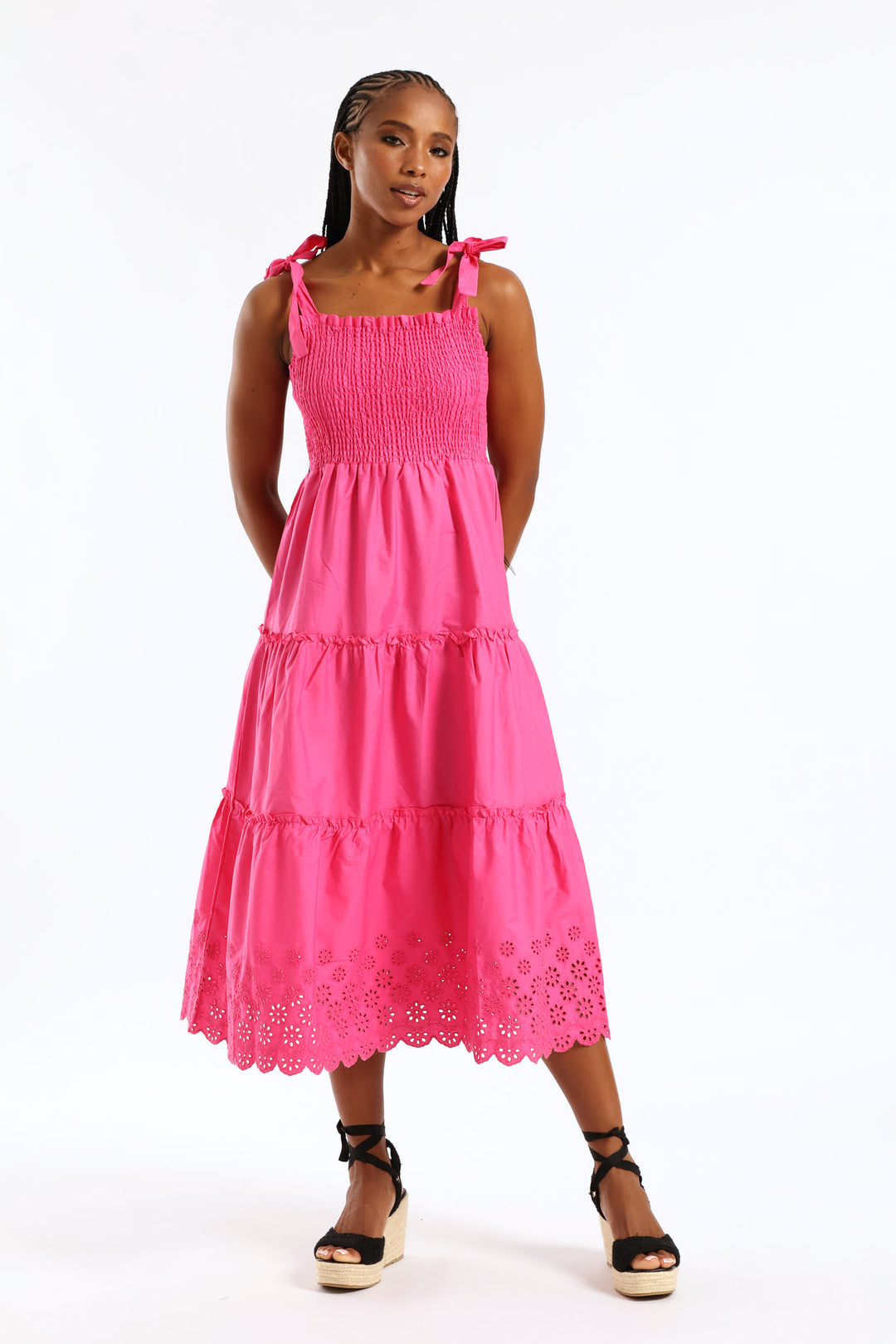 Tie-Strap Shirred Anglaise Tiered Midi Dress - Pink
