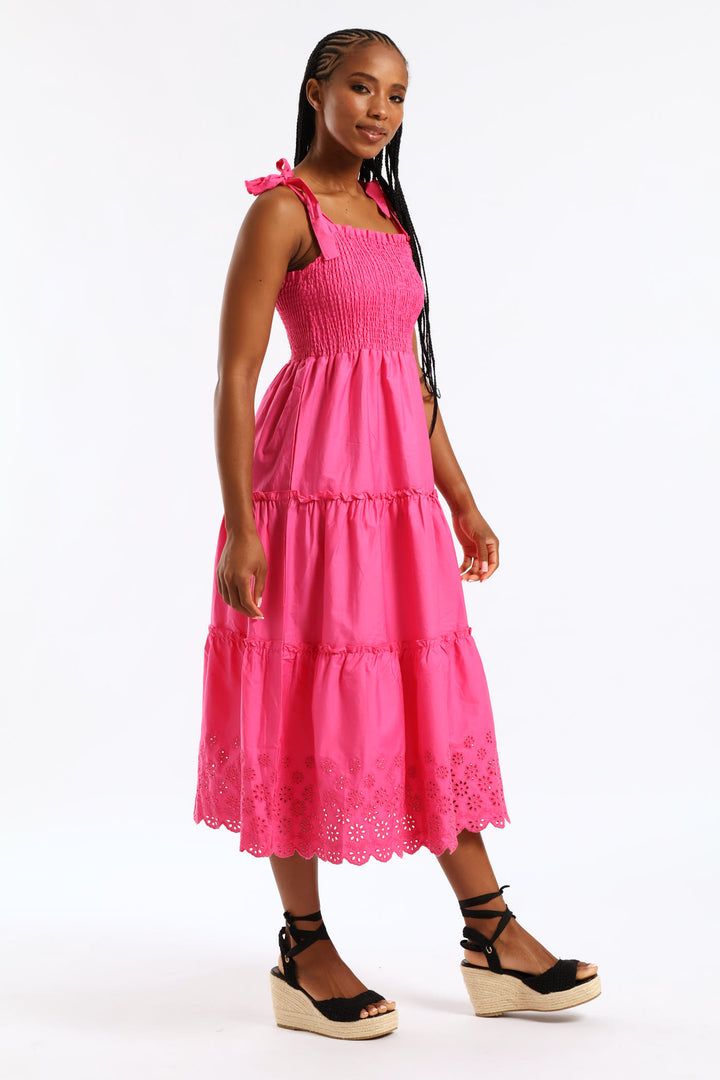 Tie-Strap Shirred Anglaise Tiered Midi Dress - Pink