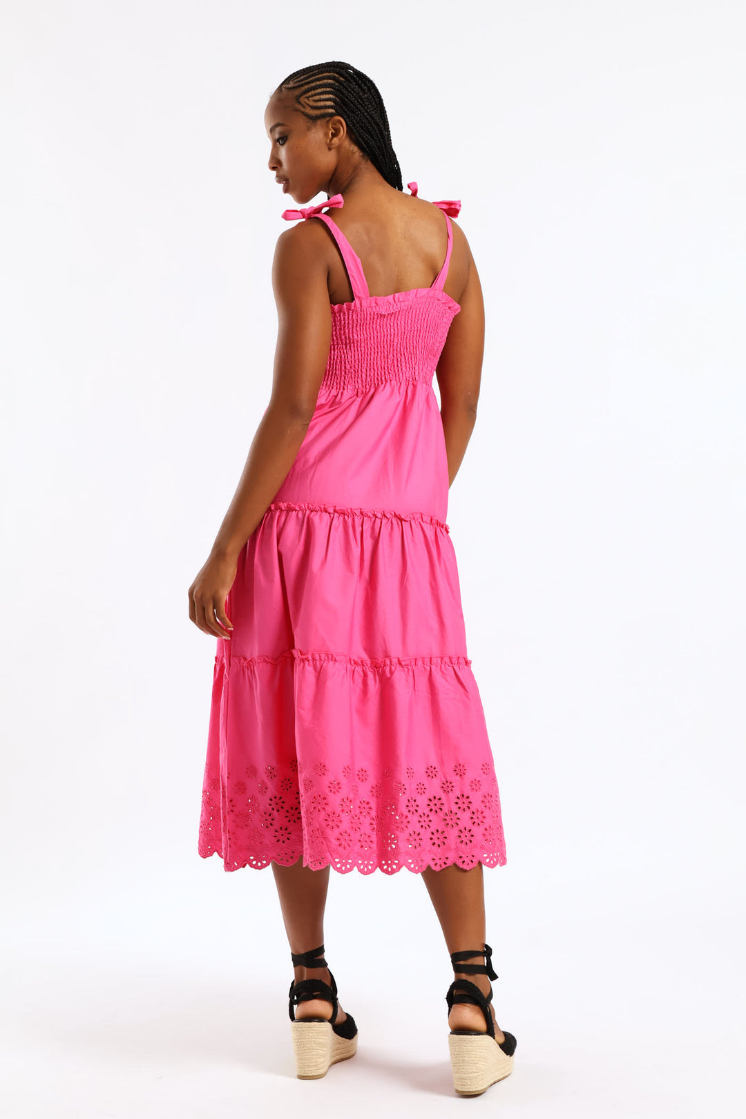 Tie-Strap Shirred Anglaise Tiered Midi Dress - Pink