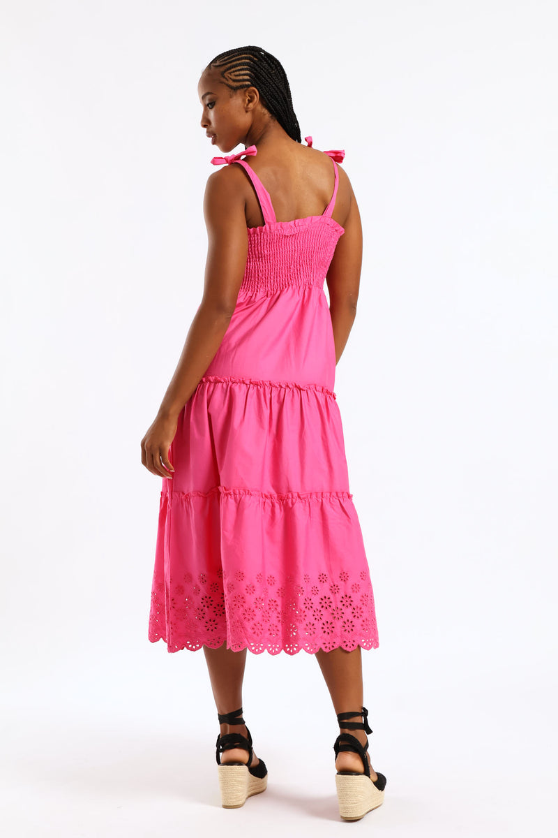 Tie-Strap Shirred Anglaise Tiered Midi Dress - Pink