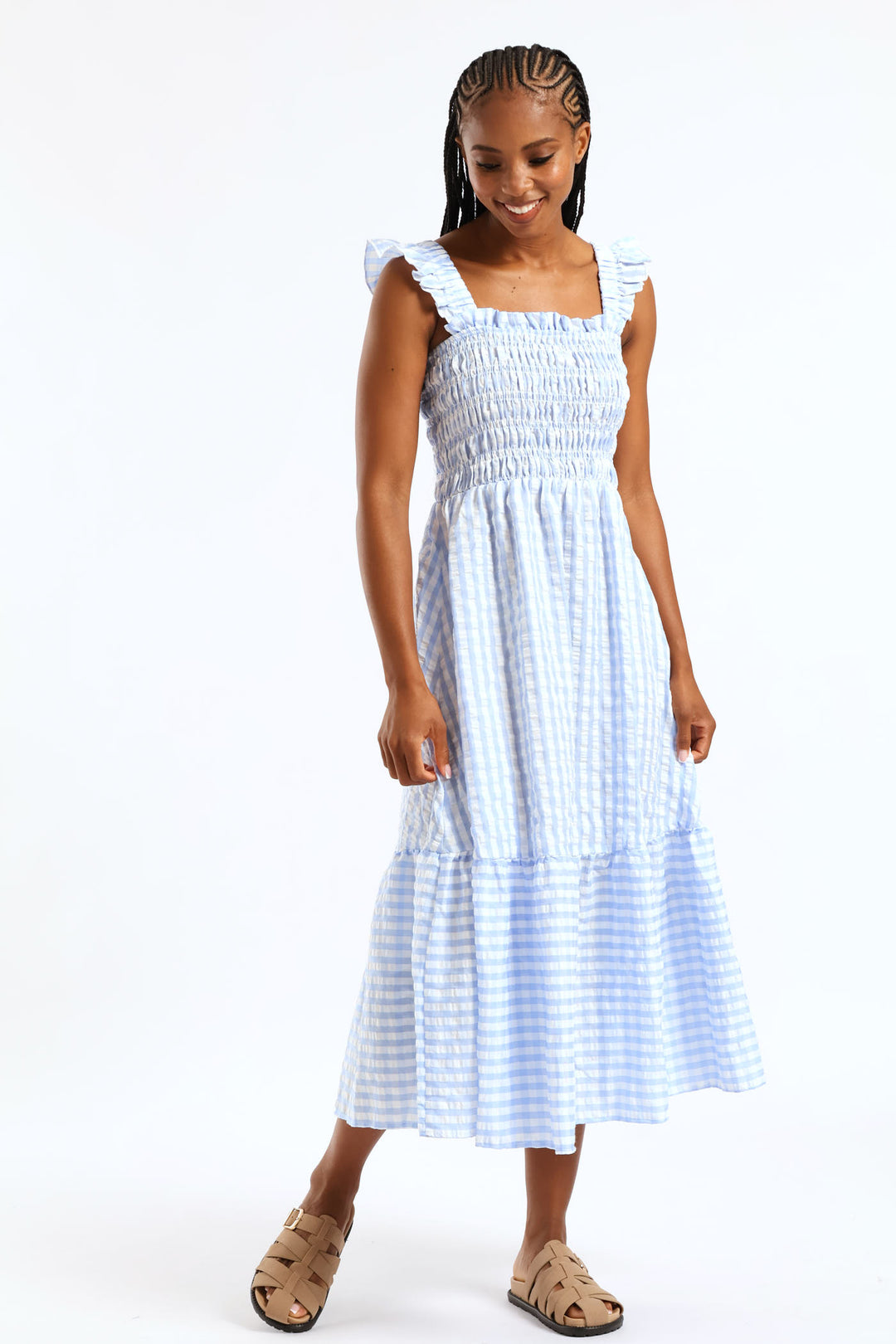 Frill Strap Shirred Bodice Frill Hem Midaxi Dress - White/Light Blue