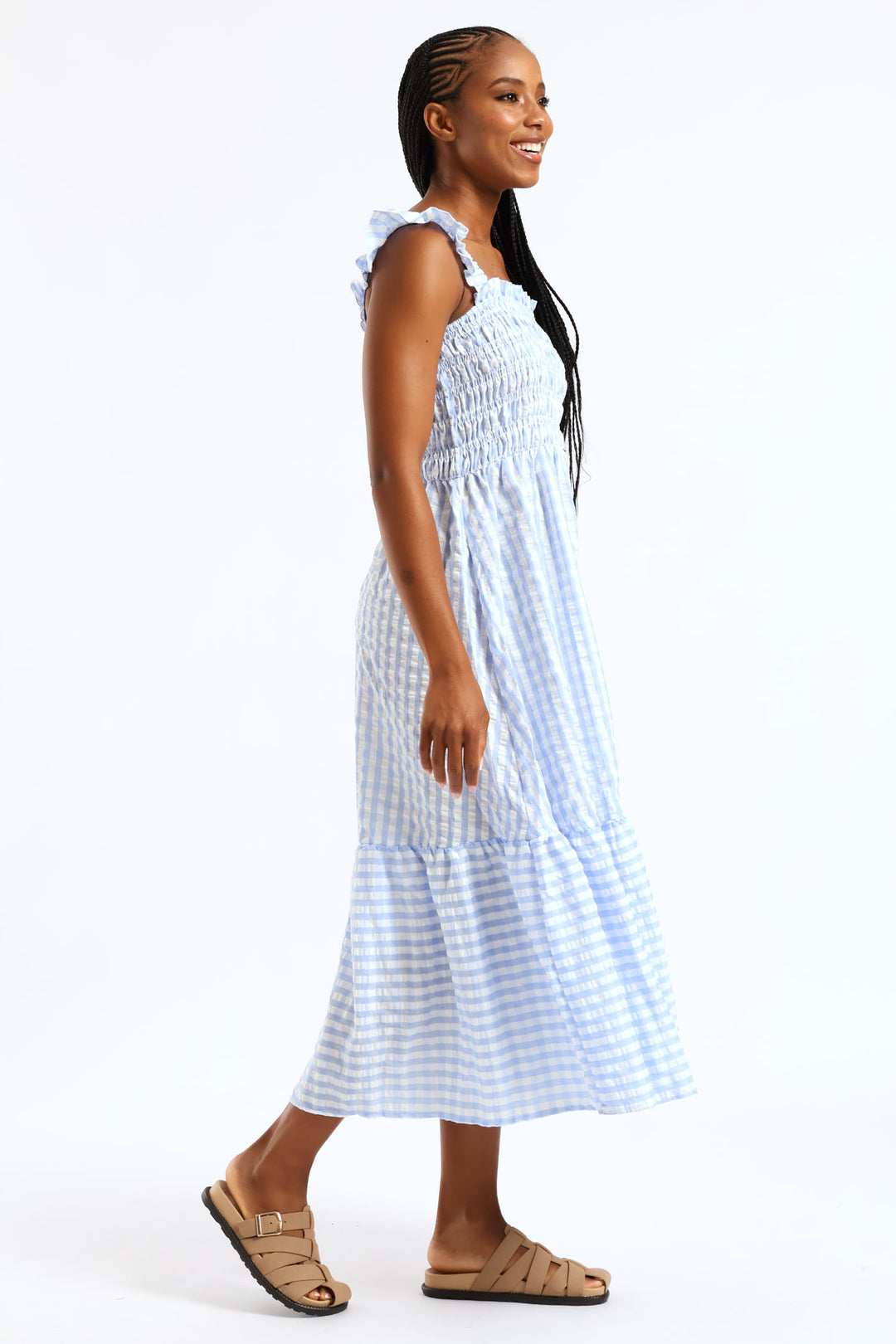 Frill Strap Shirred Bodice Frill Hem Midaxi Dress - White/Light Blue