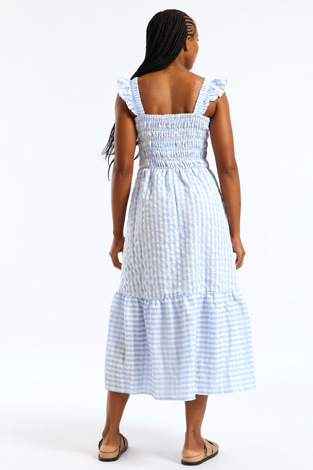 Frill Strap Shirred Bodice Frill Hem Midaxi Dress - White/Light Blue
