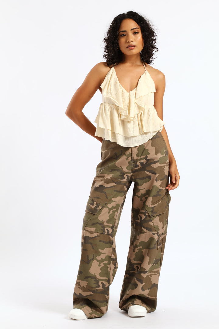 Camo Print Cargo Wide Leg Denim - Fatigue